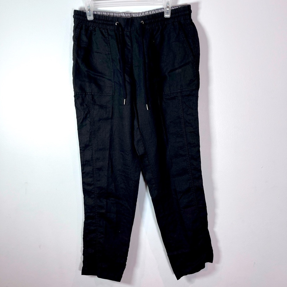 Olsen 100% Linen Elastic Waist Lisa Pant in Black Tie at Waist. Pockets Size 10
